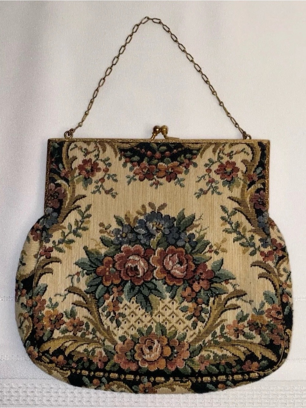 Vintage Floral Tapestry Evening Clutch - Beige with Multi Floral